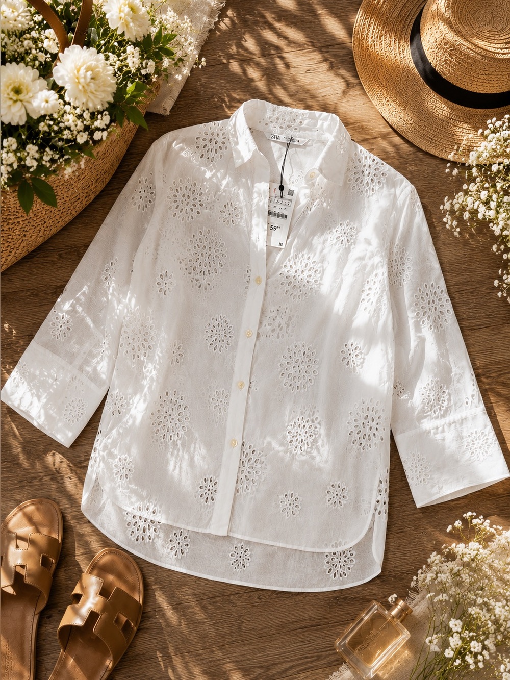 ZARA White Eyelet Embroidered Button Front Shirt Blouse NWT • Size Medium